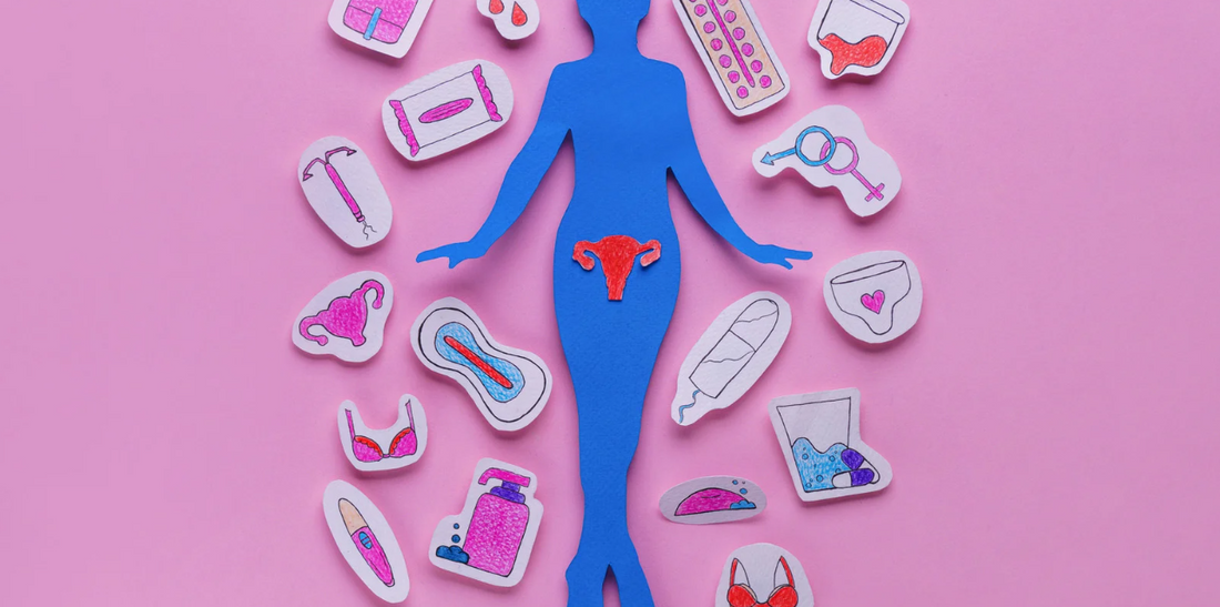 Woman's health products displayed around a figure.