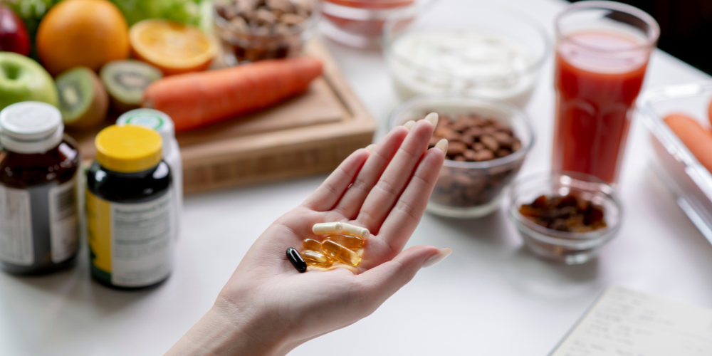 The image shows a hand wearing a ring placed on a table with various food and drinks such as juice, fruits, vegetables and supplements.