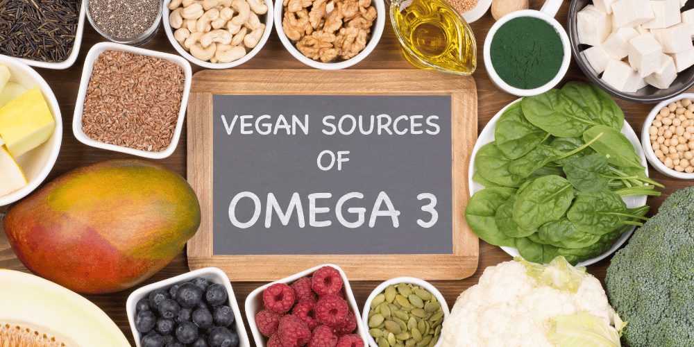 The image is a table full of vegan sources of Omega 3.