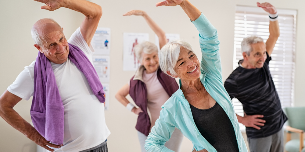 The image shows a bunch of old people exercising.