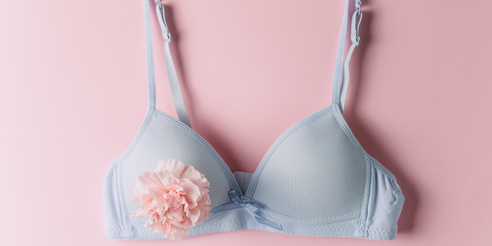 The image shows a bra in a pink background.