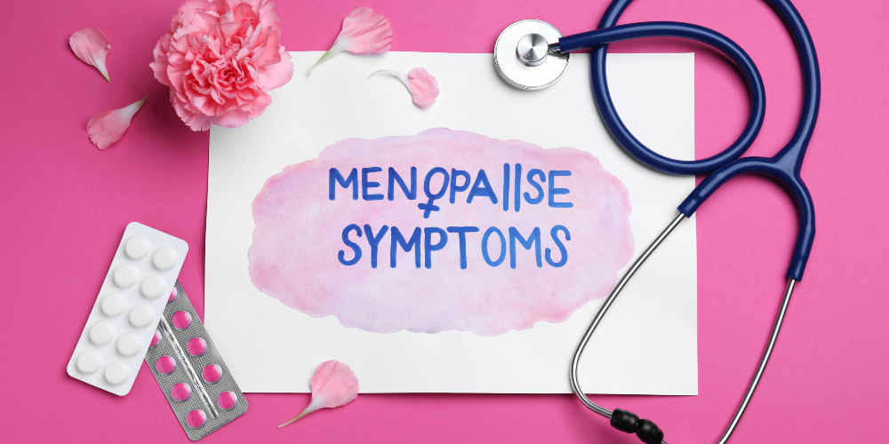 The image shows a sign saying "Menopause Symptoms".