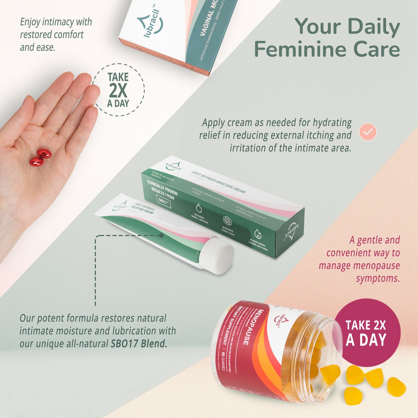 Lubracil® Oral Softgels + Daily Intimate Moisture Cream + Menopause Gummies