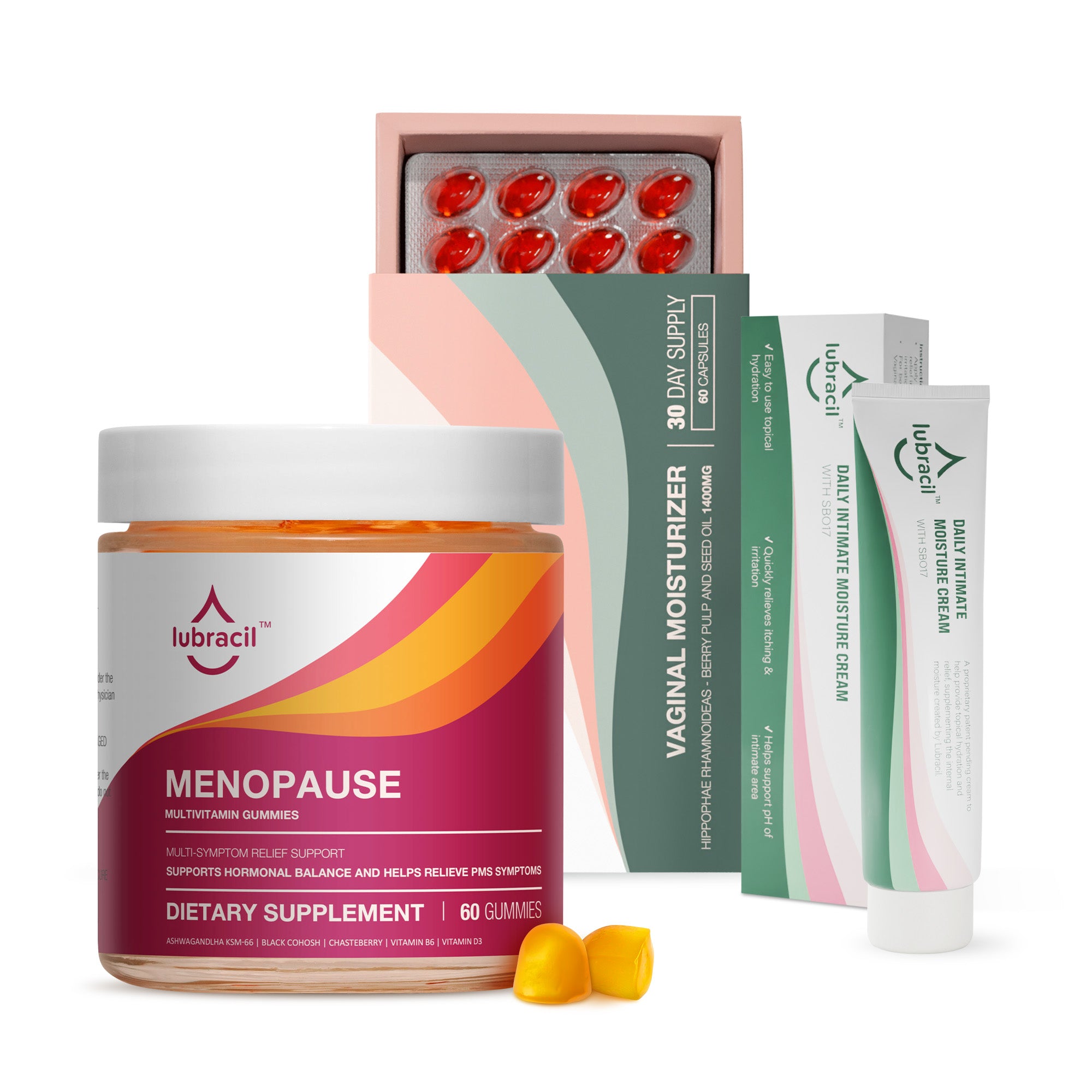 Lubracil® Oral Softgels + Daily Intimate Moisture Cream + Menopause Gummies